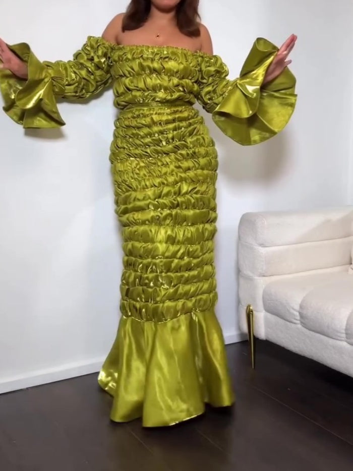 Bell Sleeves And Ruffled Hem Skirt Two Pieces Set