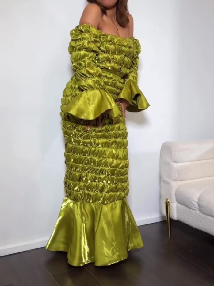 Bell Sleeves And Ruffled Hem Skirt Two Pieces Set