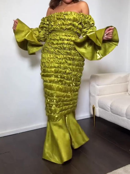 Bell Sleeves And Ruffled Hem Skirt Two Pieces Set