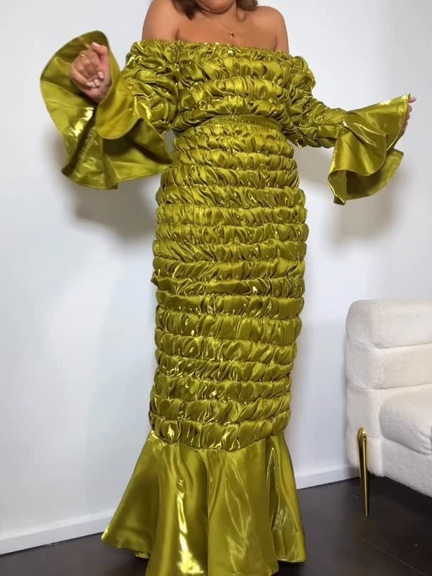 Bell Sleeves And Ruffled Hem Skirt Two Pieces Set