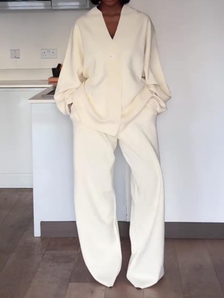 V-neck Button-down Casual Two Pieces Set