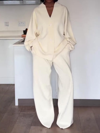 V-neck Button-down Casual Two Pieces Set