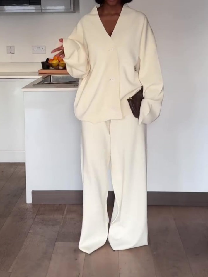 V-neck Button-down Casual Two Pieces Set