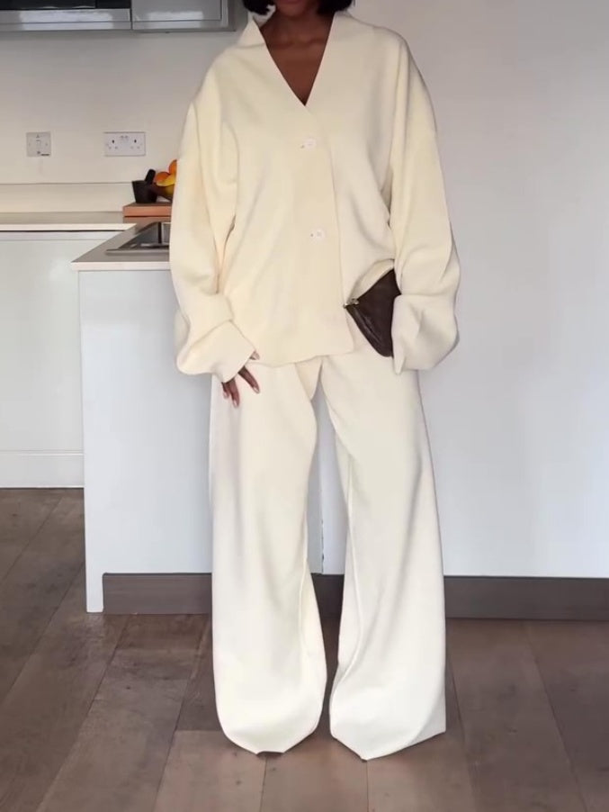 V-neck Button-down Casual Two Pieces Set