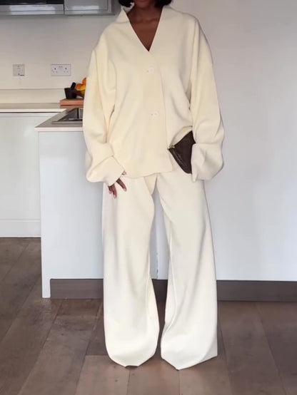 V-neck Button-down Casual Two Pieces Set