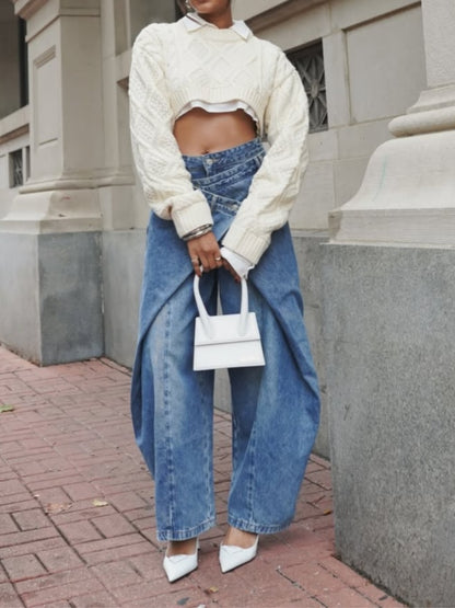 Cross-Front Wide-Leg Jeans