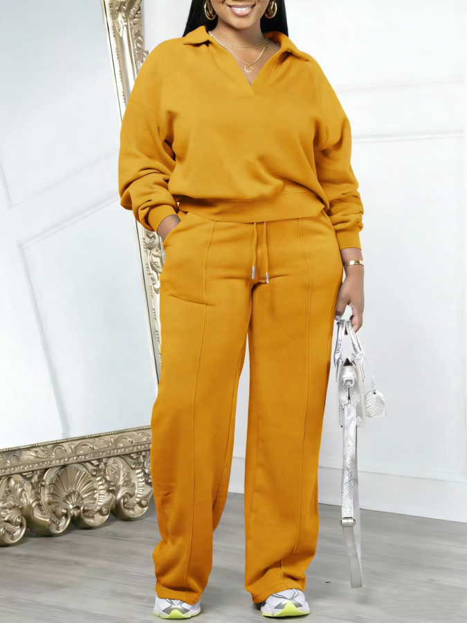 Women's Solid Half Placket Split Hem Pants Set