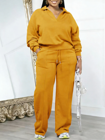 Women's Solid Half Placket Split Hem Pants Set