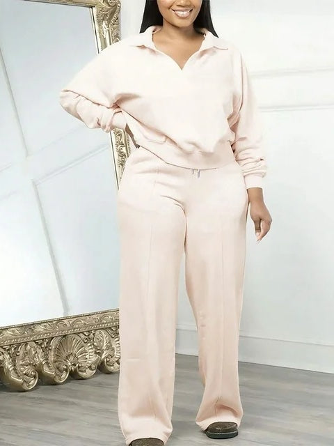 Women's Solid Half Placket Split Hem Pants Set