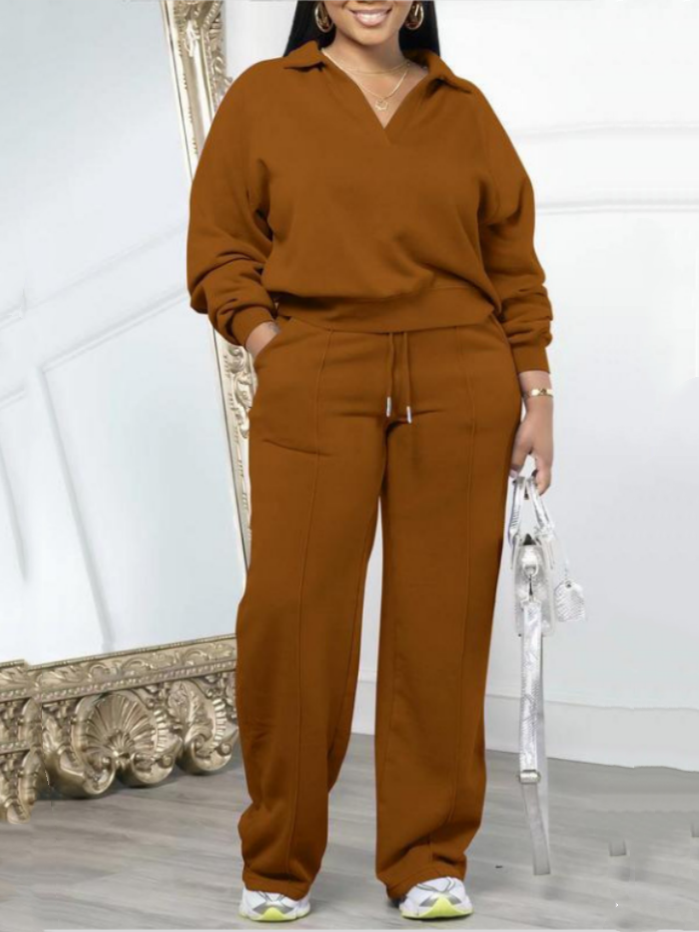 Women's Solid Half Placket Split Hem Pants Set