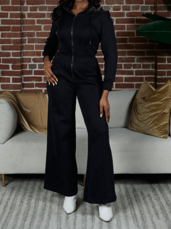 Long-sleeved Hooded Wide-leg Jumpsuit
