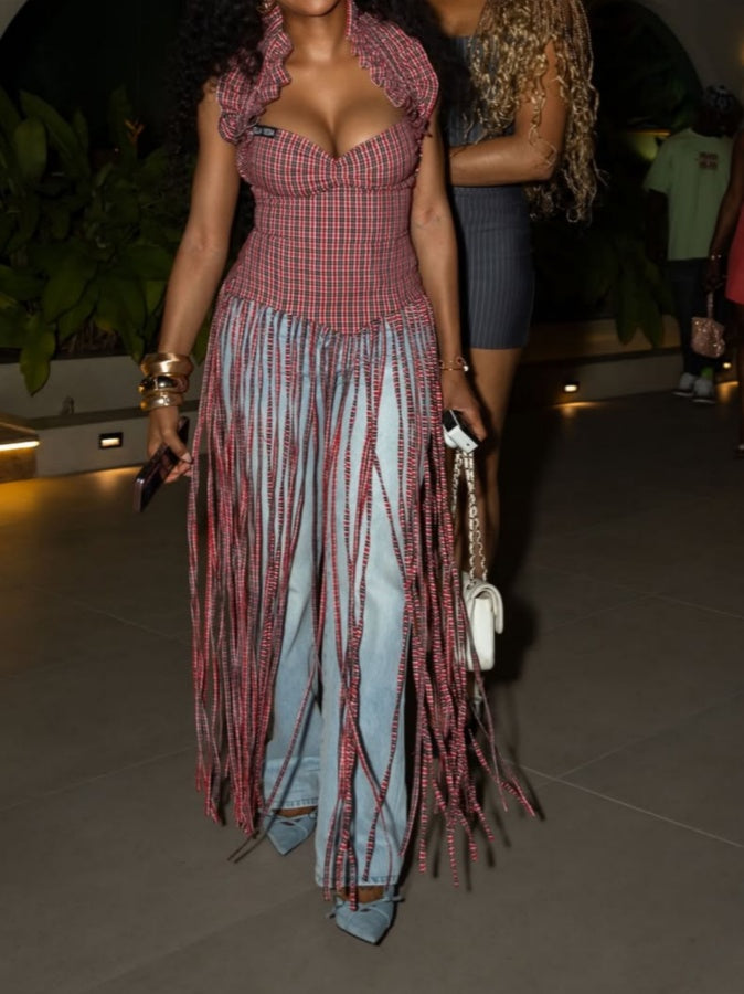 Fashionable Plaid Tassel Top