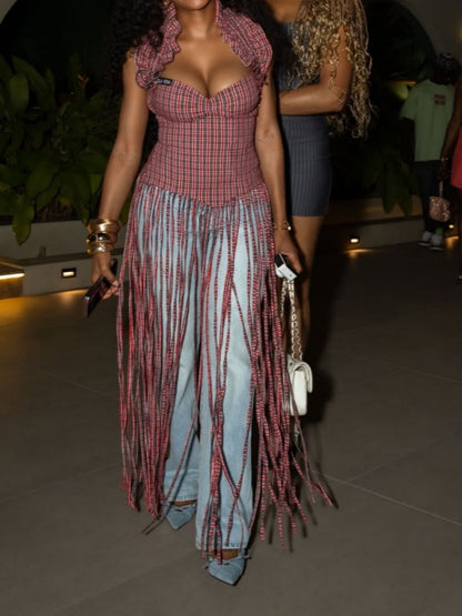 Fashionable Plaid Tassel Top