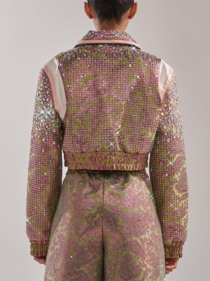 Rhinestone Cropped Bomber Jacket