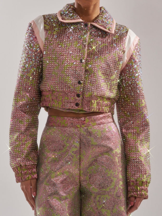 Rhinestone Cropped Bomber Jacket