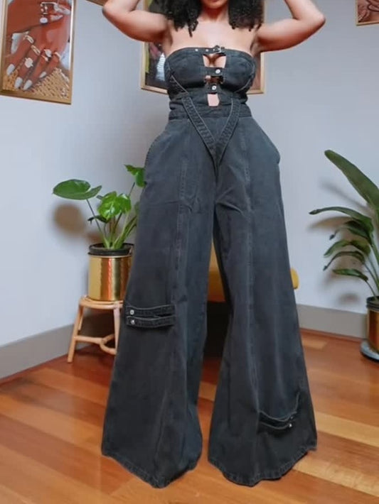 Wide Leg Denim Jumpsuit