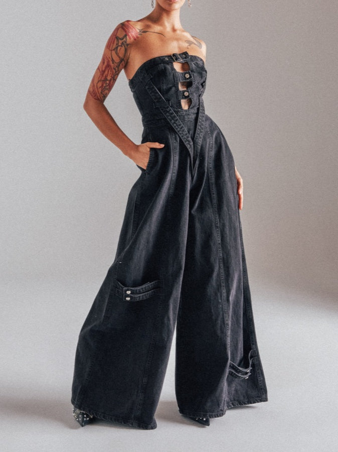 Wide Leg Denim Jumpsuit