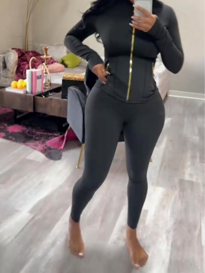 Gold Zipper Slim Fit Sports Suit