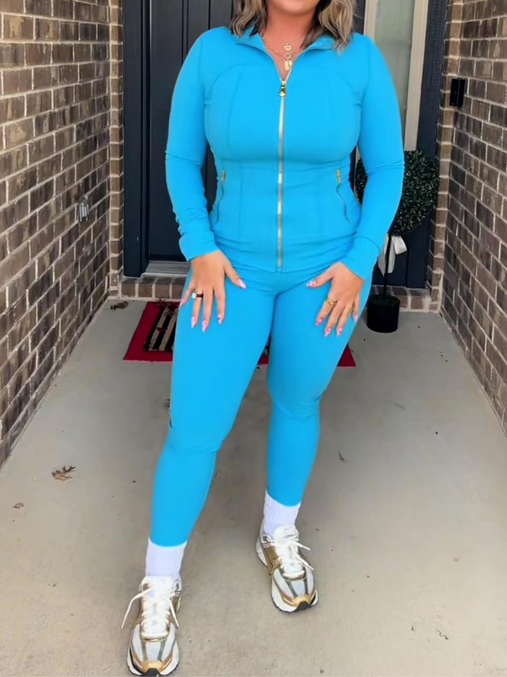 Gold Zipper Slim Fit Sports Suit