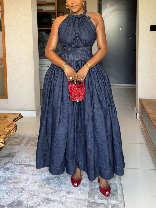 Sleeveless Halter-neck Denim Maxi Dress