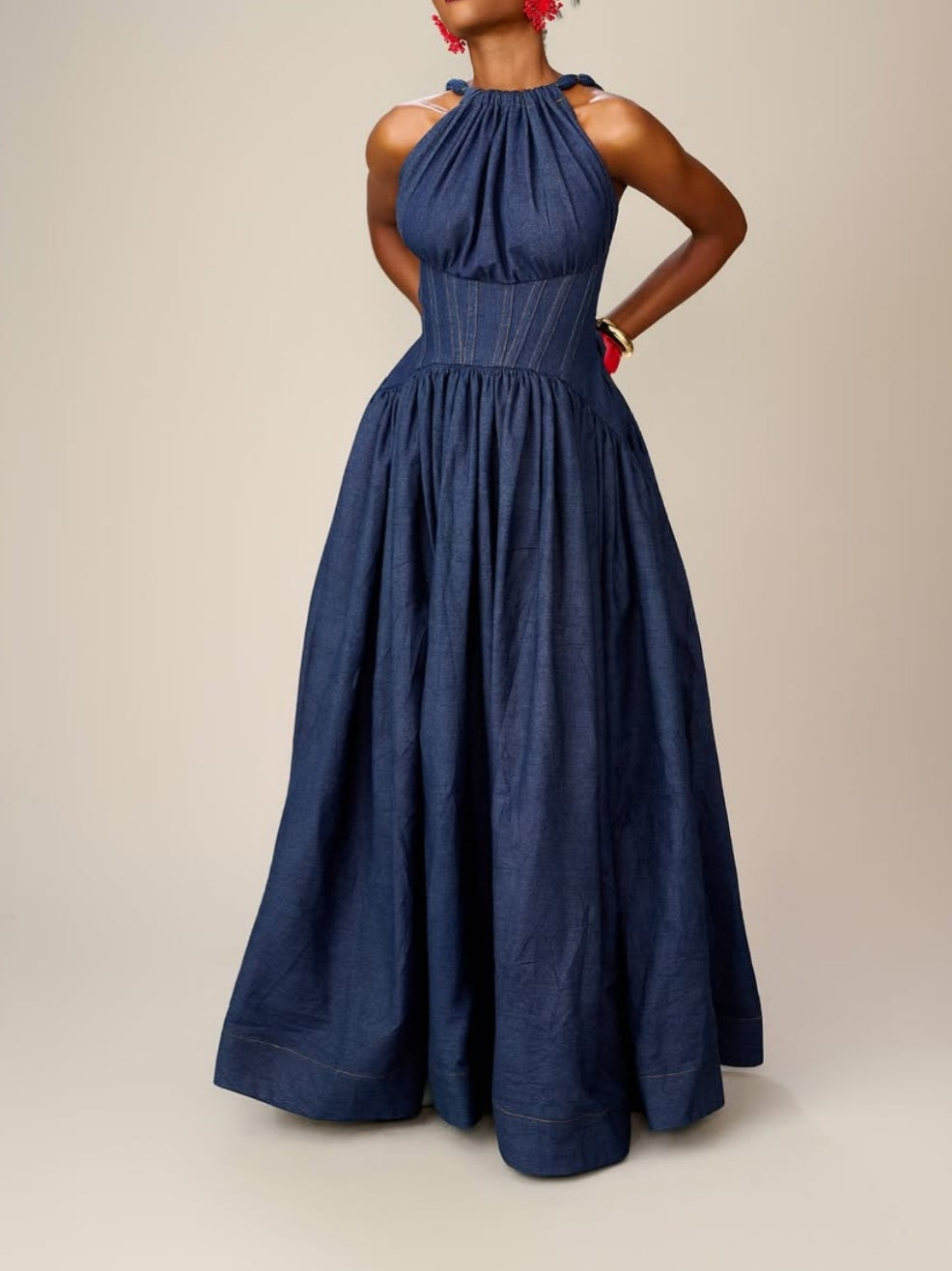 Sleeveless Halter-neck Denim Maxi Dress