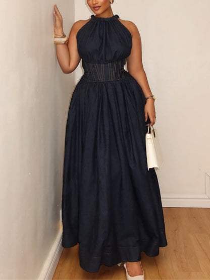 Sleeveless Halter-neck Denim Maxi Dress