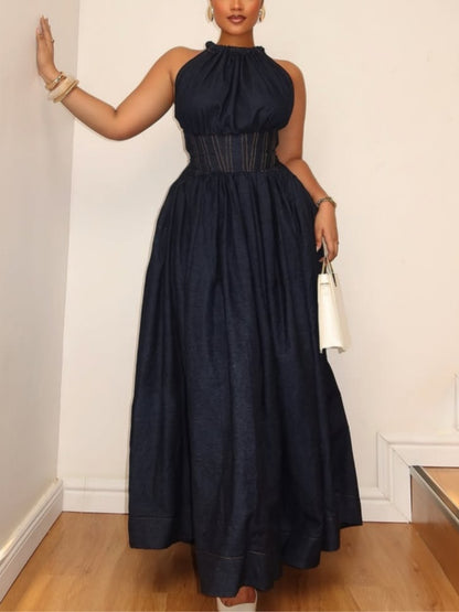 Sleeveless Halter-neck Denim Maxi Dress