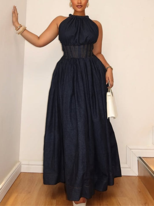 Sleeveless Halter-neck Denim Maxi Dress