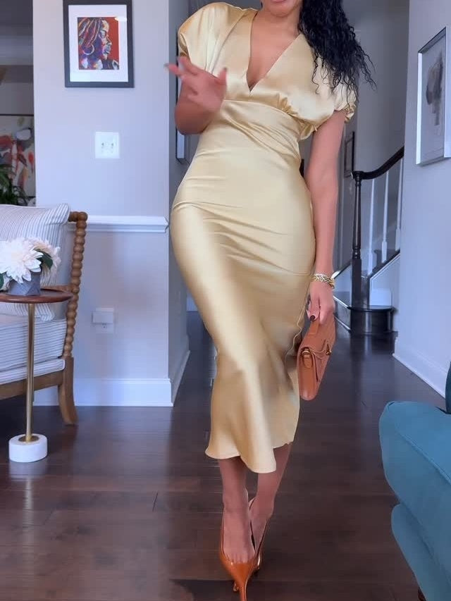 V Neck Puffy Sleeve Satin Silk Midi Dress