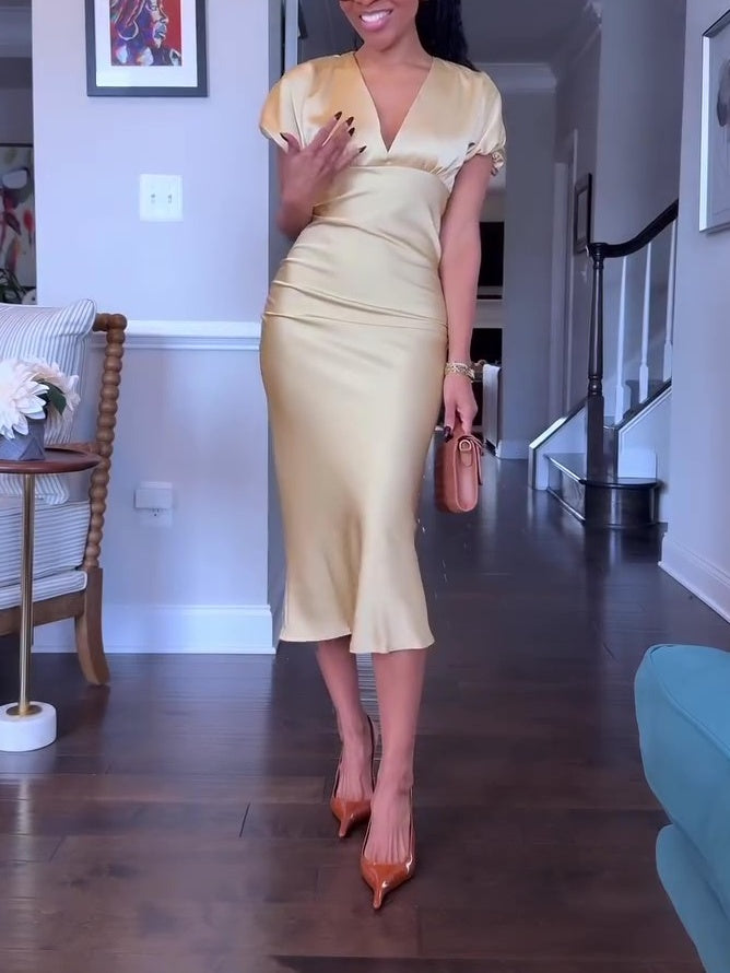 V Neck Puffy Sleeve Satin Silk Midi Dress