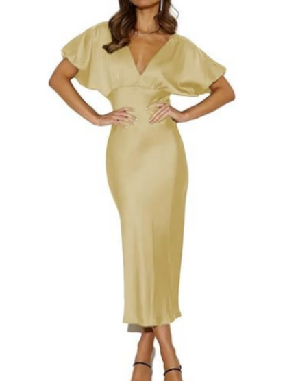 V Neck Puffy Sleeve Satin Silk Midi Dress