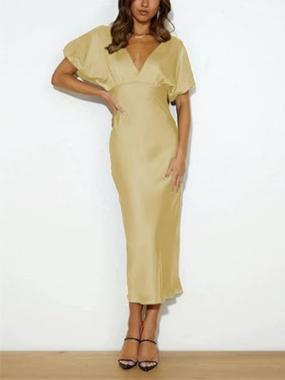 V Neck Puffy Sleeve Satin Silk Midi Dress
