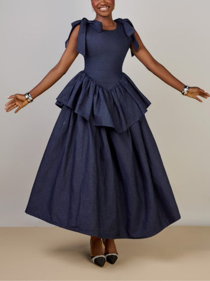 Bow-knot Sleeveless Fitted Waist Ruffle Dress