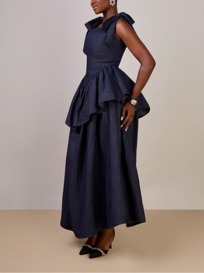 Bow-knot Sleeveless Fitted Waist Ruffle Dress