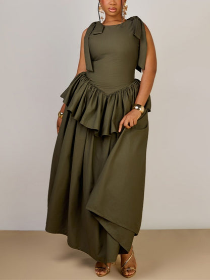 Bow-knot Sleeveless Fitted Waist Ruffle Dress
