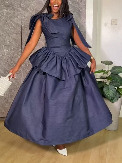 Bow-knot Sleeveless Fitted Waist Ruffle Dress