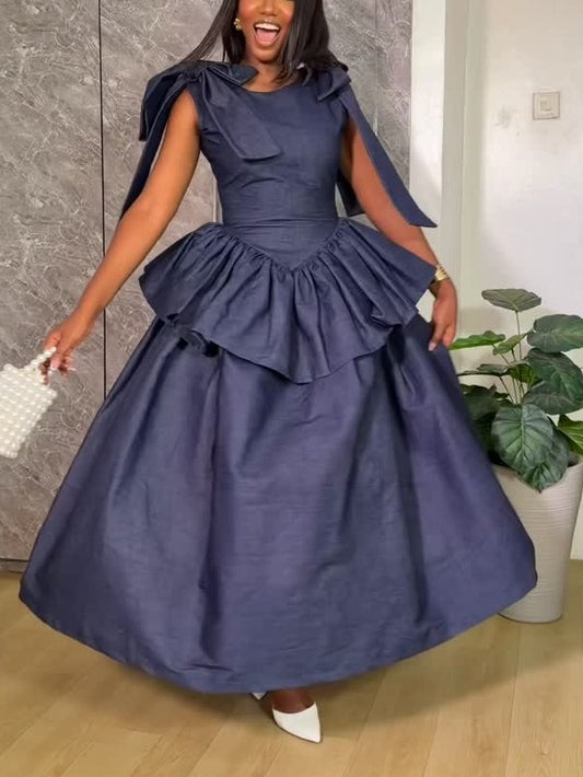 Bow-knot Sleeveless Fitted Waist Ruffle Dress