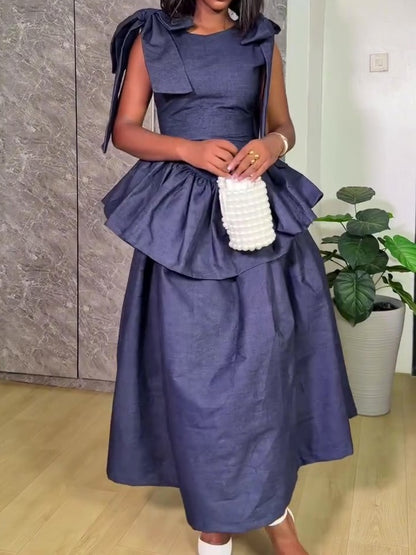 Bow-knot Sleeveless Fitted Waist Ruffle Dress