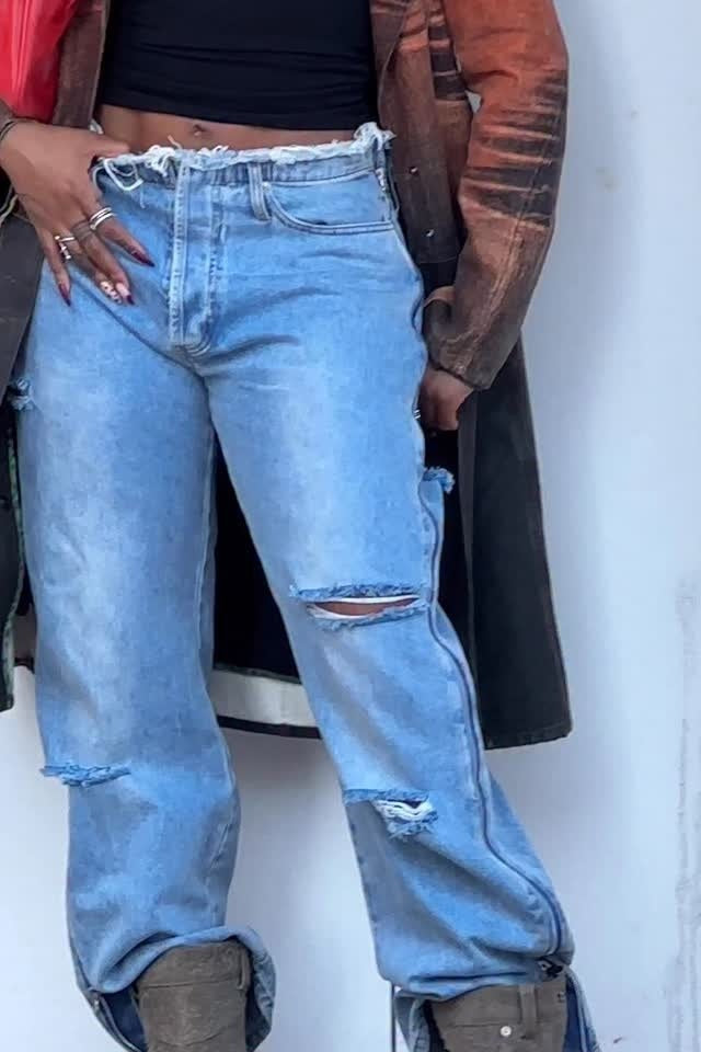 Ripped Jeans With Side Zipper