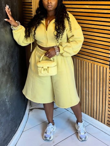 Hooded Cropped Zip-up Jacket & Shorts Two Pieces Set