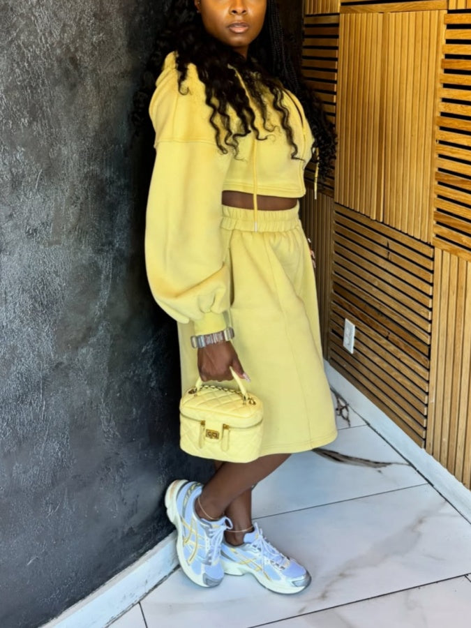 Hooded Cropped Zip-up Jacket & Shorts Two Pieces Set