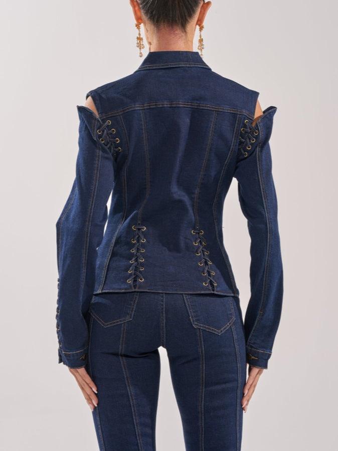 Hollow-out Lace-up Denim Two Pieces Set