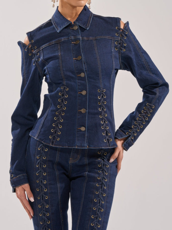 Hollow-out Lace-up Denim Two Pieces Set