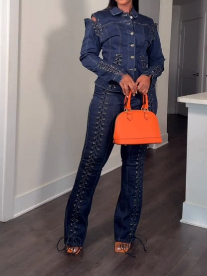 Hollow-out Lace-up Denim Two Pieces Set