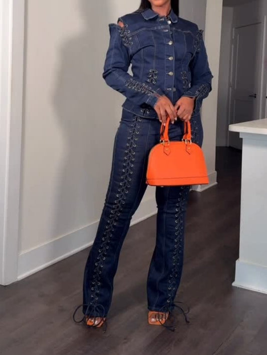 Hollow-out Lace-up Denim Two Pieces Set