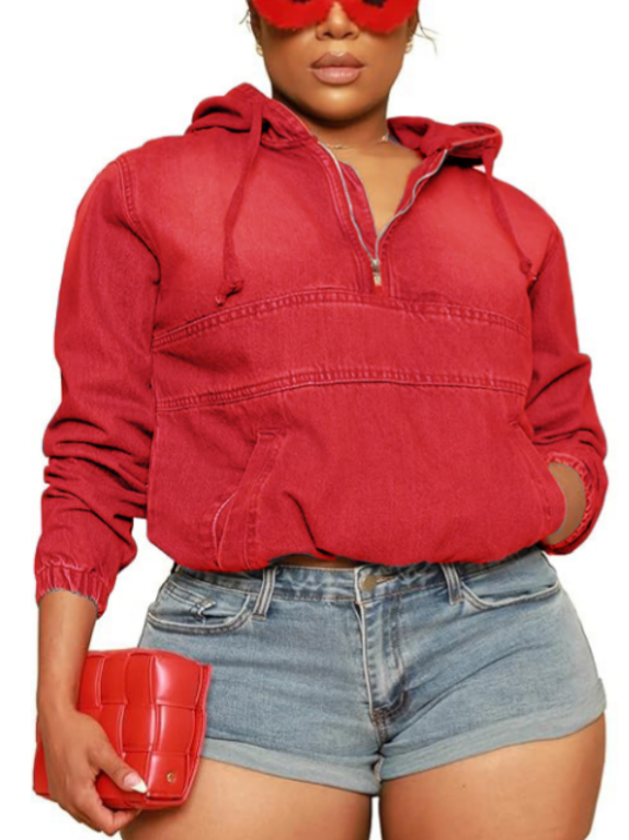 Half Zip Up Denim Hoodie