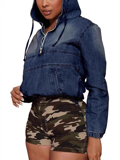 Half Zip Up Denim Hoodie