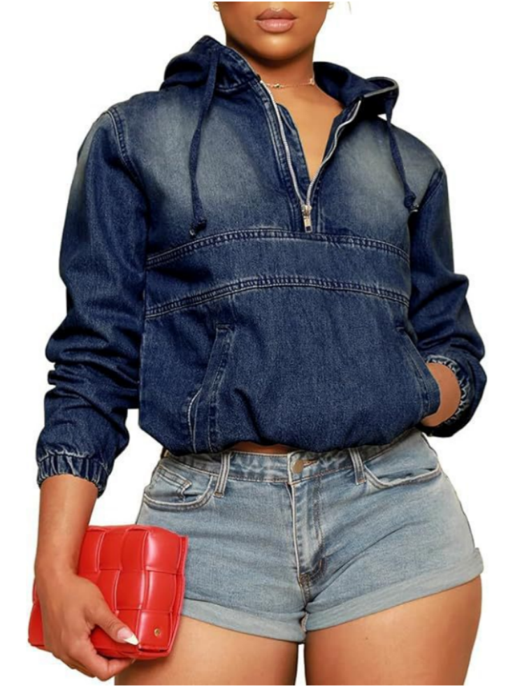 Half Zip Up Denim Hoodie