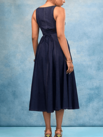 Square Neckline Fitted Waist Denim Suspender Midi Dress