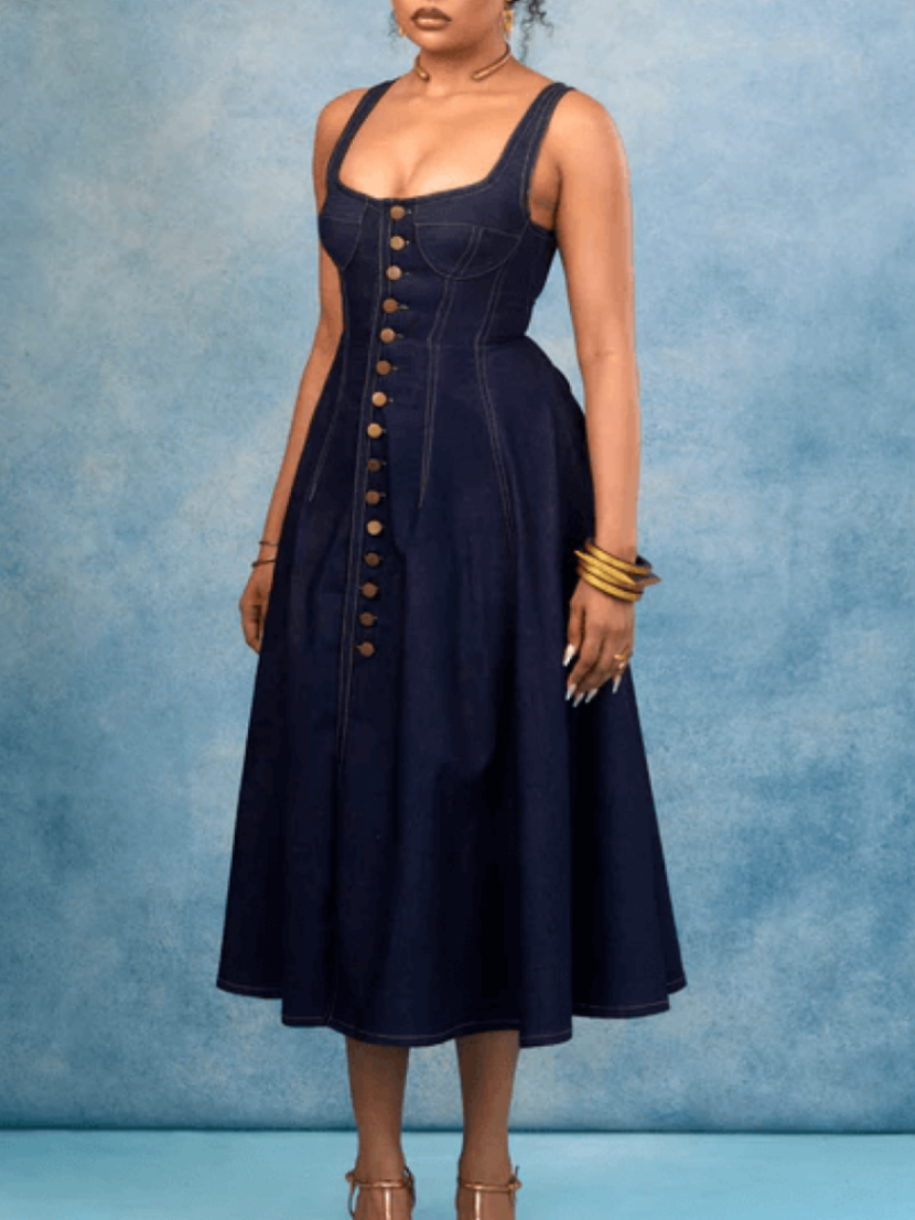Square Neckline Fitted Waist Denim Suspender Midi Dress